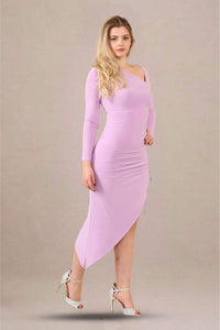 One-shoulder asymmetrical ruched midi bodycon dress side view lilac color