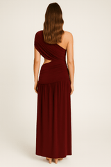 One shoulder draping detailed side cut out maxi dress, elegant asymmetrical evening gown back look