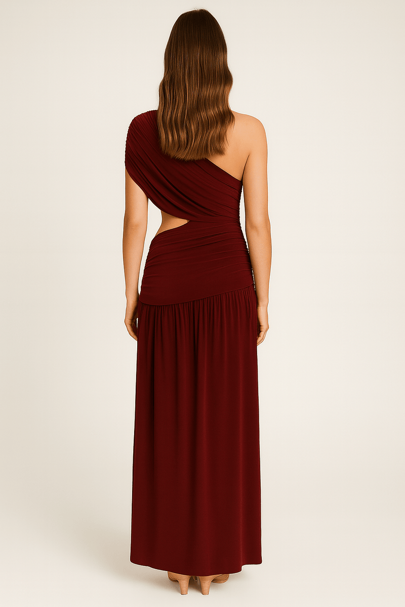 One shoulder draping detailed side cut out maxi dress, elegant asymmetrical evening gown back look
