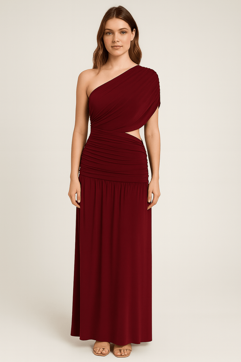 One shoulder draping detailed side cut out maxi dress, elegant asymmetrical evening gown front look