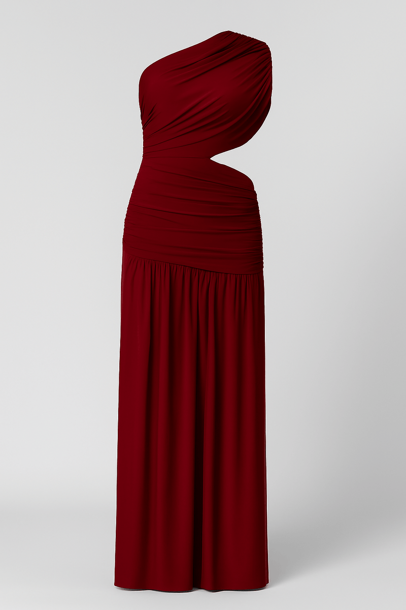 One shoulder draping detailed side cut out maxi dress, elegant asymmetrical evening gown for women