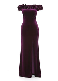 Purple Velvet Off Shoulder Maxi Dress with Ruffle Detail
