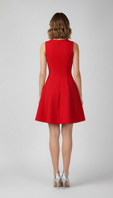 Red Embellished Deep V-Neck Flare Mini Dress