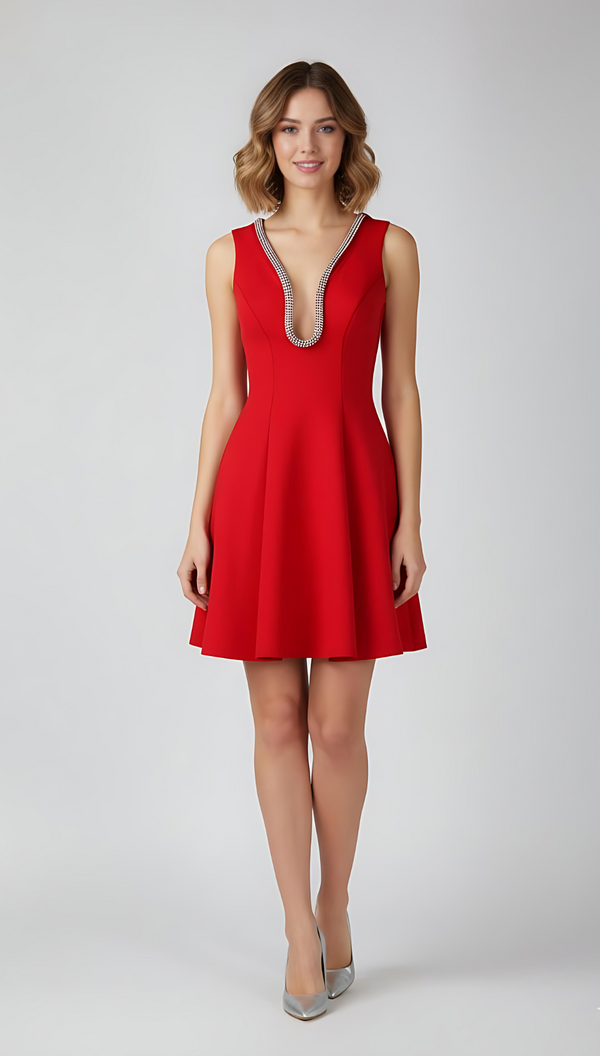 Red Embellished Deep V-Neck Flare Mini Dress