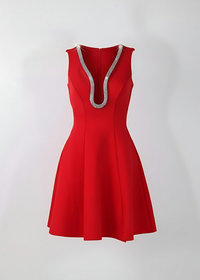 Red Embellished Deep V-Neck Flare Mini Dress