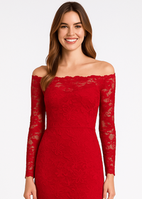 Closeup of red lace and floral pattern on bodycon off-shoulder maxi dress
