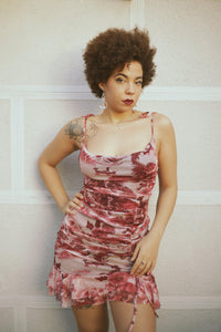 Printed Mesh Mini Dress Dragon Print Ruched Bodice