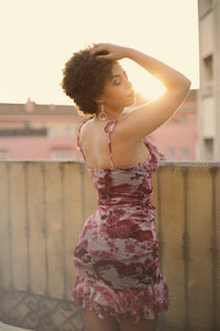 Printed Mesh Mini Dress Dragon Print Ruched Bodice