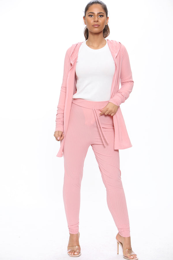 Wrap Back Cardigan with Hoodie and Leggings Ribbed Loungewear - Loungewear - Avinci