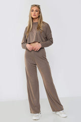 Long Sleeve Crop Top Wide Leg Trouser Ribbed Lounge Co-Ord Set