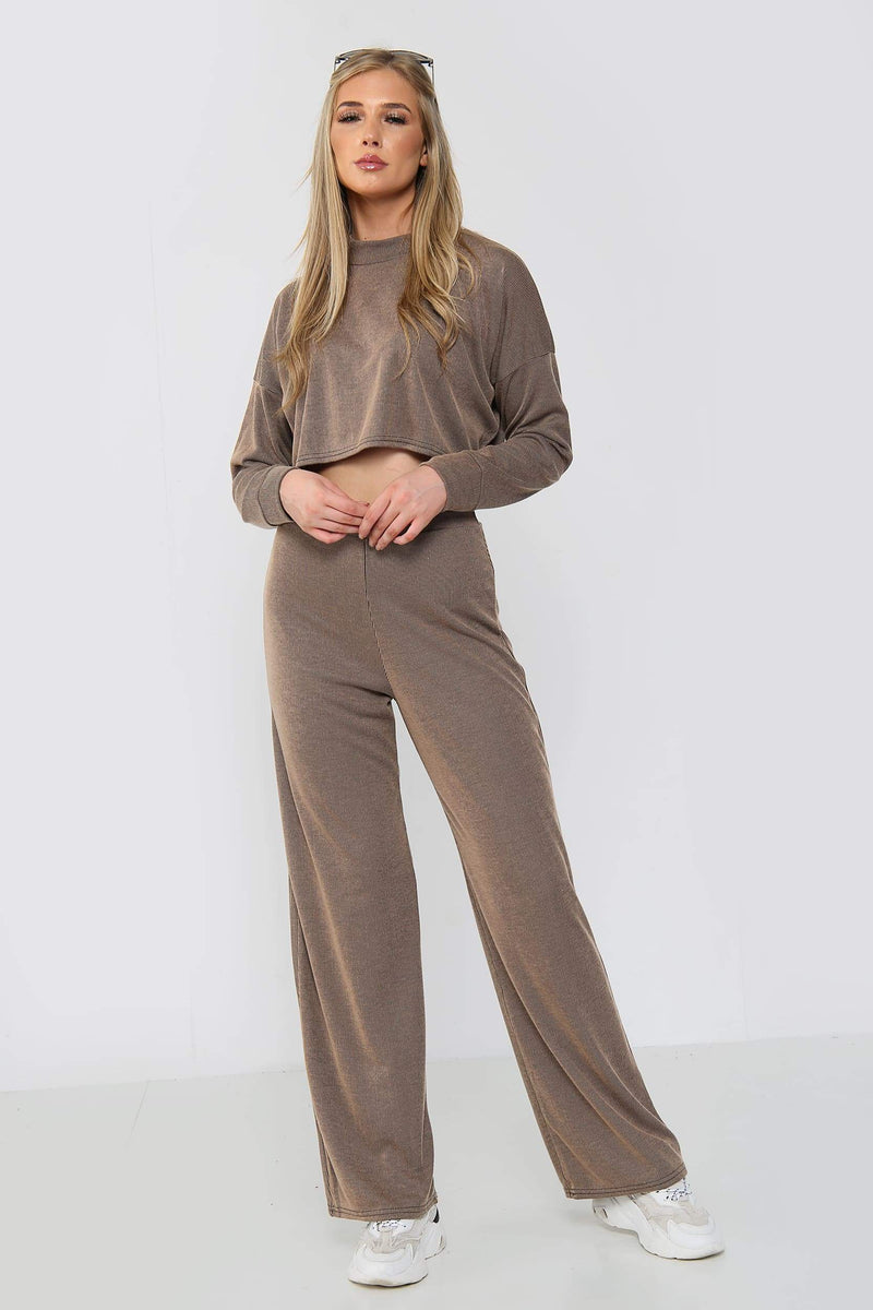 Long Sleeve Crop Top Wide Leg Trouser Ribbed Lounge Co-Ord Set