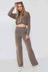 Long Sleeve Crop Top Wide Leg Trouser Ribbed Lounge Co-Ord Set