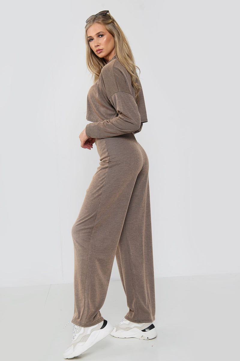 Long Sleeve Crop Top Wide Leg Trouser Ribbed Lounge Co-Ord Set