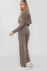Ribbed Crop Top and Wide Leg Trouser Co-Ord Set