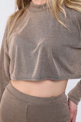 Long Sleeve Crop Top Wide Leg Trouser Ribbed Lounge Co-Ord Set