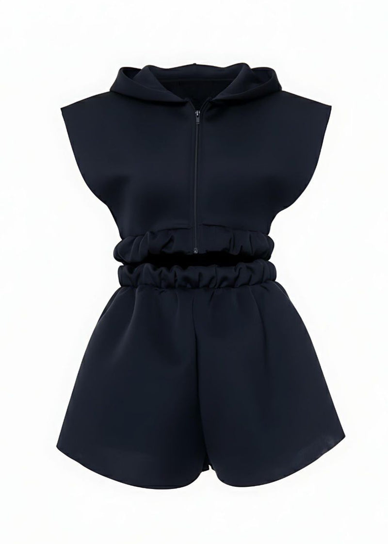 Ribbed Sleeveless Cropped Hoodie Shorts Co-Ord Set