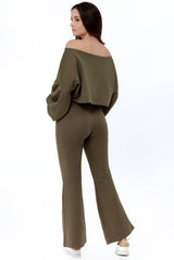 Cropped Off the Shoulder Ribbed Loungewear Set - Loungewear - Avinci