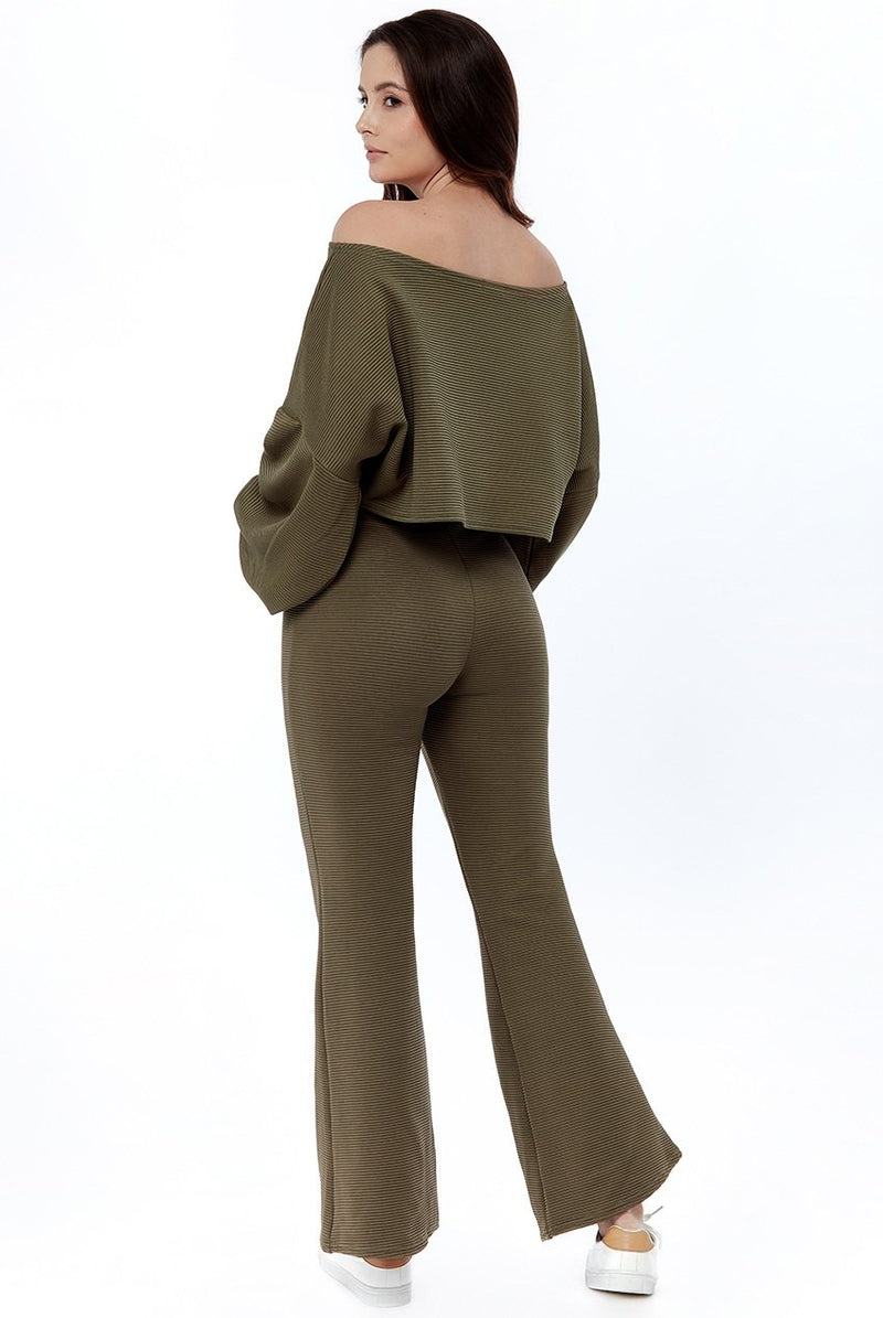 Cropped Off the Shoulder Ribbed Loungewear Set - Loungewear - Avinci