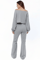 Ribbed Two-Piece Off-the-Shoulder Crop Top Wide Leg Trouser Set