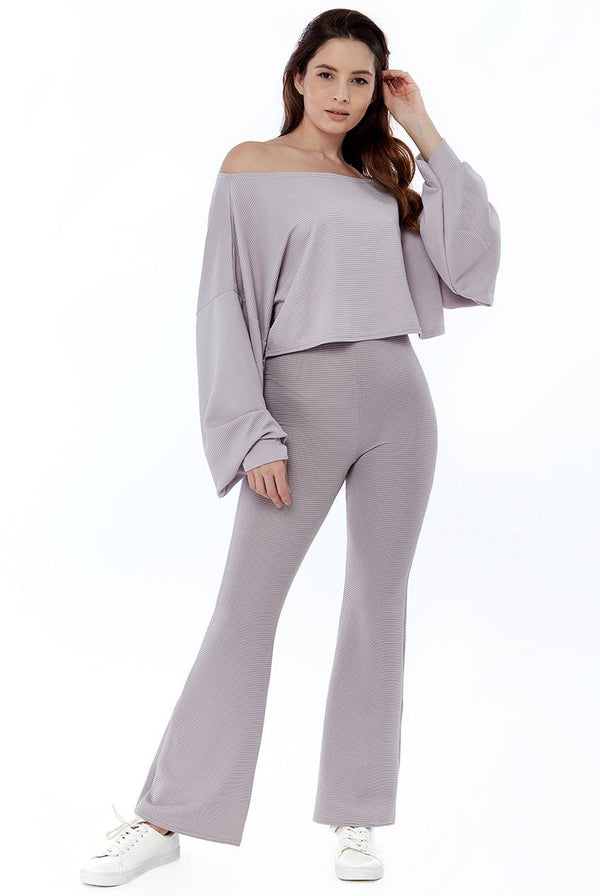 Cropped Off the Shoulder Ribbed Loungewear Set - Loungewear - Avinci
