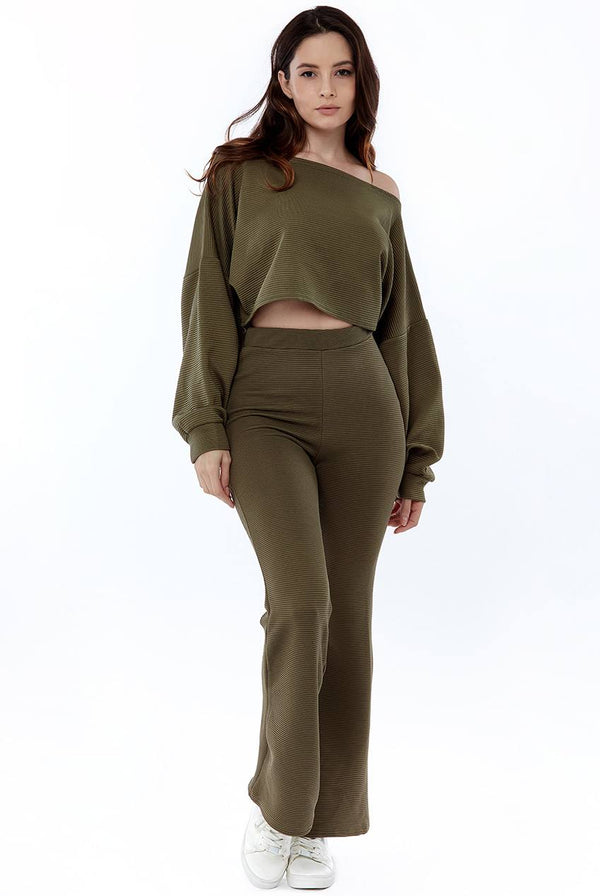 Cropped Off the Shoulder Ribbed Loungewear Set - Loungewear - Avinci