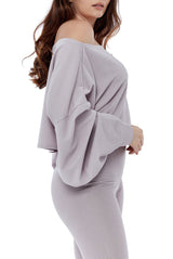Cropped Off the Shoulder Ribbed Loungewear Set - Loungewear - Avinci