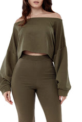 Cropped Off the Shoulder Ribbed Loungewear Set - Loungewear - Avinci