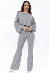 Ribbed Two-Piece Off-the-Shoulder Crop Top Wide Leg Trouser Set
