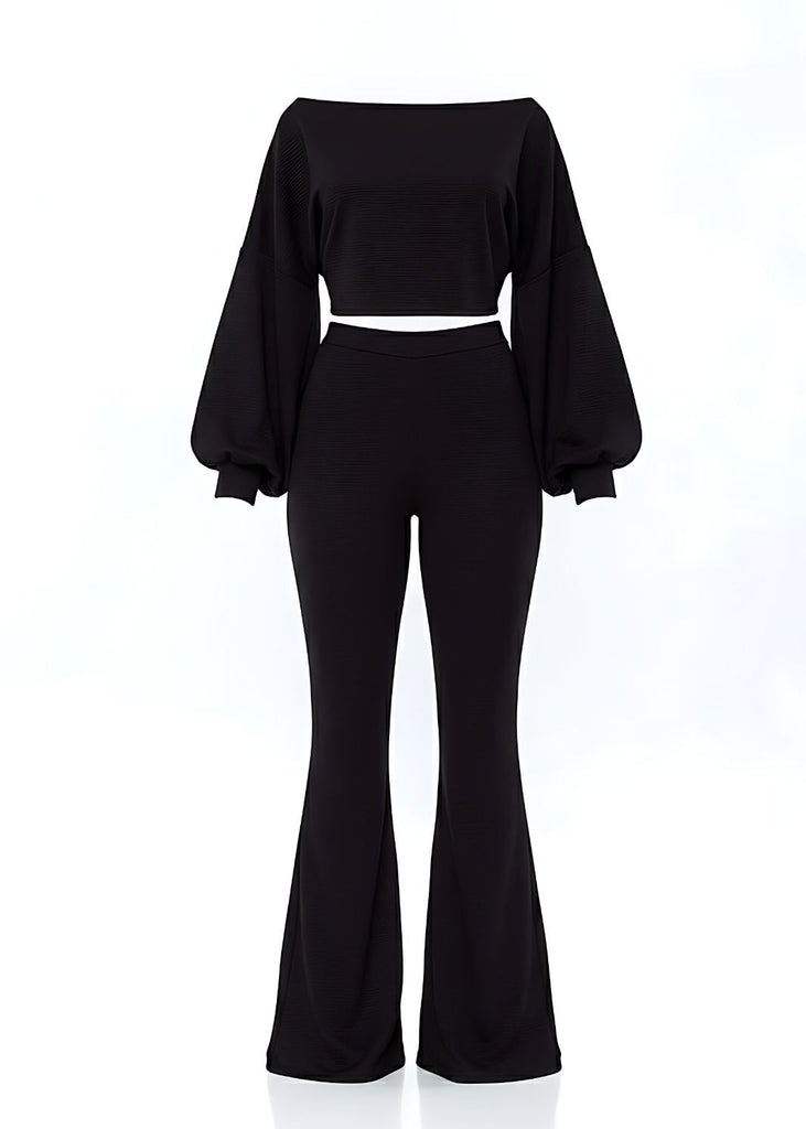 Ribbed Two-Piece Off-the-Shoulder Crop Top Wide Leg Trouser Set