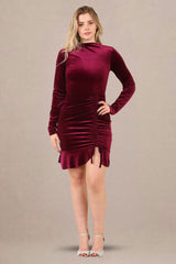 Rich emerald long sleeve velvet bodycon style mini dress front view