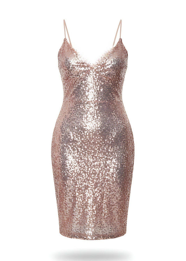 Rose Gold Sequin Strappy Midi Dress with V-Neckline