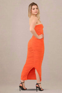 Ruched bodycon fit slinky bandeau midi dress back look view