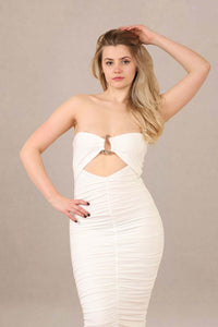 Ruched bodycon fit slinky bandeau midi dress back view