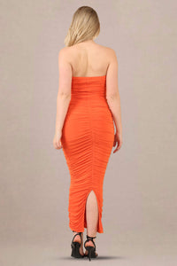 Ruched bodycon fit slinky bandeau midi dress back view