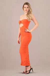 Ruched bodycon fit slinky bandeau midi dress left side view