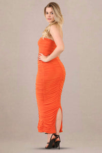 Ruched bodycon fit slinky bandeau midi dress right side view