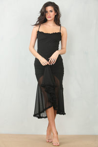 Ruched Black Mesh Dress - Midi Dress - Avinci