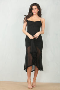 Ruched Black Mesh Dress - Midi Dress - Avinci