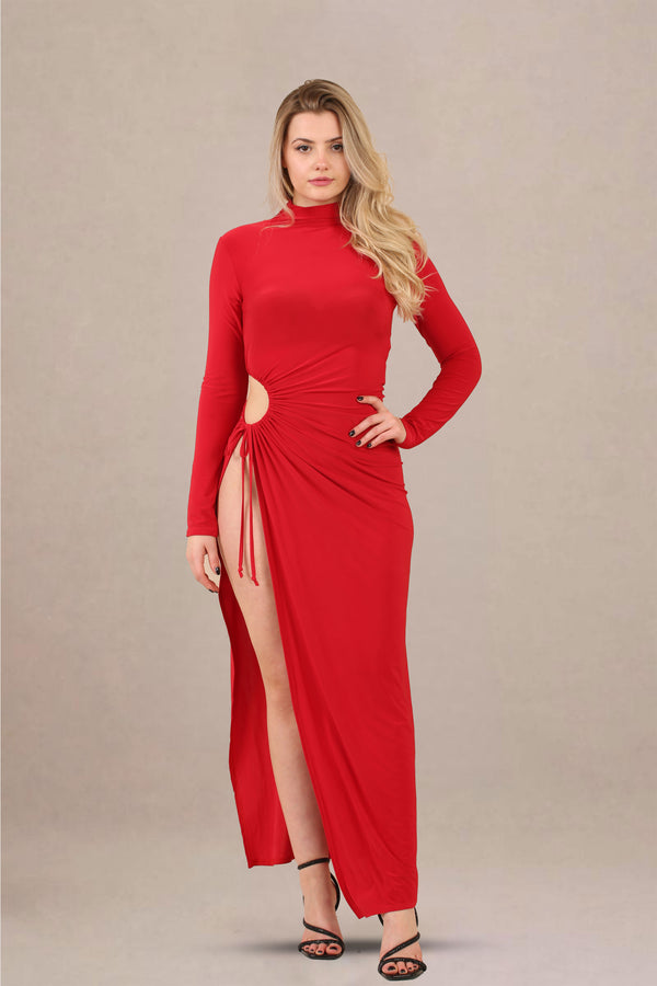 Front view of ruched cut-out high neck thigh slit maxi dress