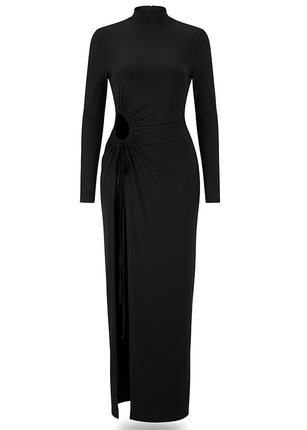 Ruched Cut-Out High Neck Thigh Slit Maxi Dress