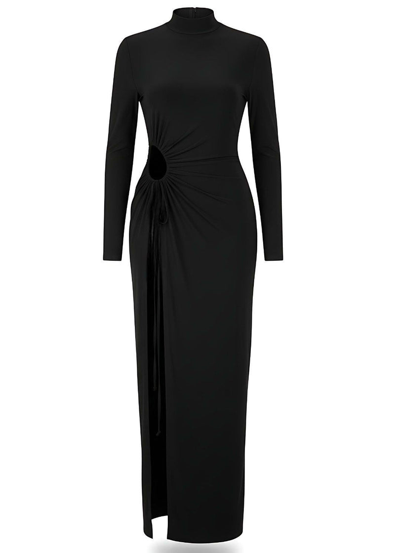 Ruched Cut-Out High Neck Thigh Slit Maxi Dress