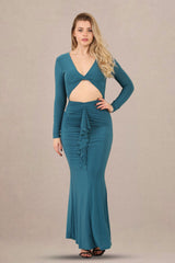 Close-up of ruched fit long sleeve slinky front cut-out maxi dress