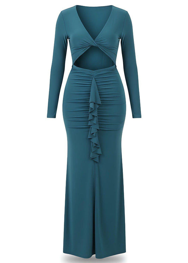 Ruched Fit Long Sleeve Slinky Front Cut-Out Maxi Dress