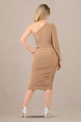 Back view of ruched detailing one shoulder bodycon midi dress by Avinci beige color