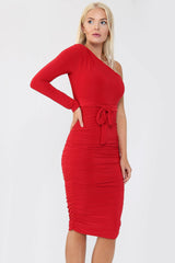 Ruched detailing one shoulder bodycon midi dress front view by Avinci