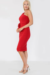 Left side view of ruched detailing one shoulder bodycon midi dress