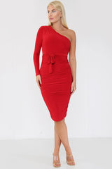 Left side view of ruched detailing one shoulder bodycon midi dress
