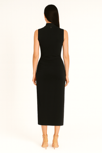 Back view of ruched slim fit jersey sleeveless midi dress in black color highlighting the fit