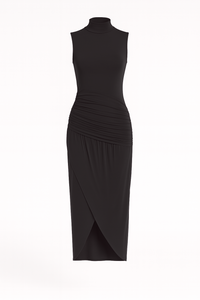 ruched slim fit jersey sleeveless midi dress, elegant and comfortable in black color