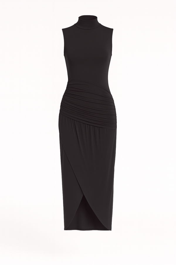 ruched slim fit jersey sleeveless midi dress, elegant and comfortable in black color